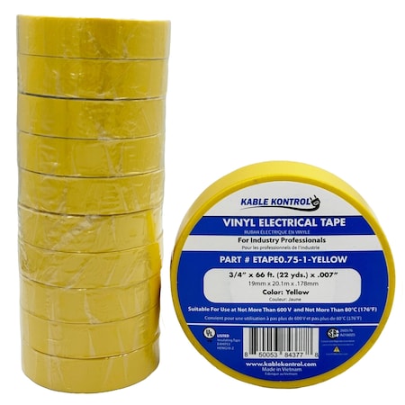 Kable Kontrol PVC Electrical Tape, 3/4'' Wide x 60' Long, Rated For 600V, YELLOW ETAPE0.75-1-YELLOW